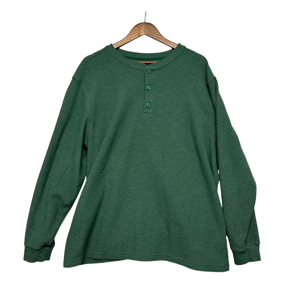 LL‎ Bean Mens Henley Shirt Traditional Fit Waffle Knit Green Long Sleeve Layer